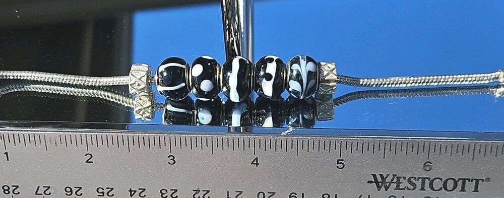 925 Silver Beaded Snake Chain Bracelet Black and White Glass